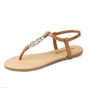 SANDALUP Thong Flat Sandals with Ring Metal and Adjustable Ankle Buckle Tan